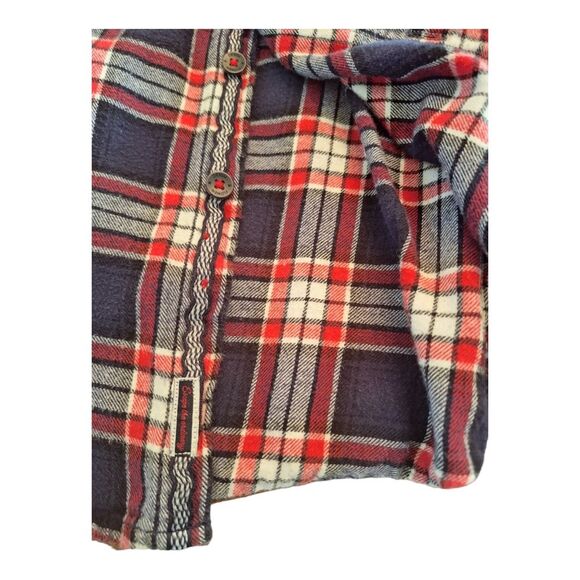 Denim & Flower Flannel Collection Button Up Pockets Red White Blue Plaid L Slim - Picture 8 of 12